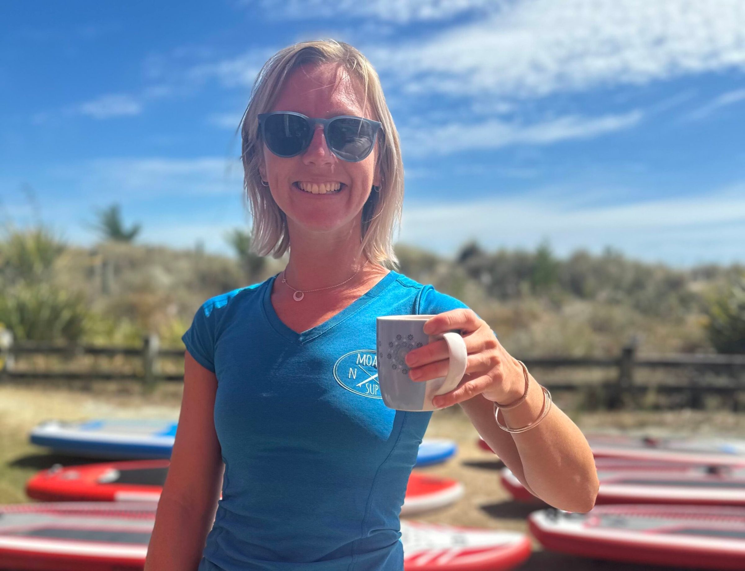 Chilling with a coffee at Paddle Town, in Nelson, New Zealand after a paddle