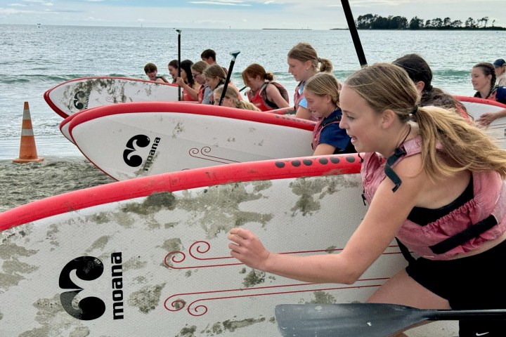 Group of people with paddleboards on a beach, preparing to enter the water.