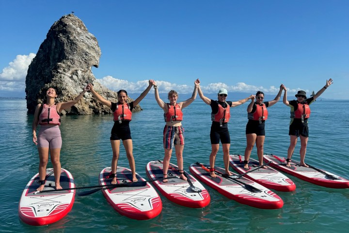 Five people stand on paddleboards holding hands, with a rock formation and blue sky in the background.